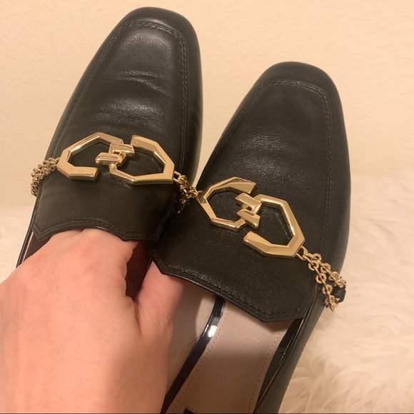 Black Leather Loafers With Gold Chain Detail. - Picture 2 of 4